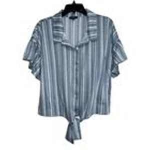 A.UW Women's Large Striped Tie Front Top Ruffle‎ Sleeves Button Down Blouse